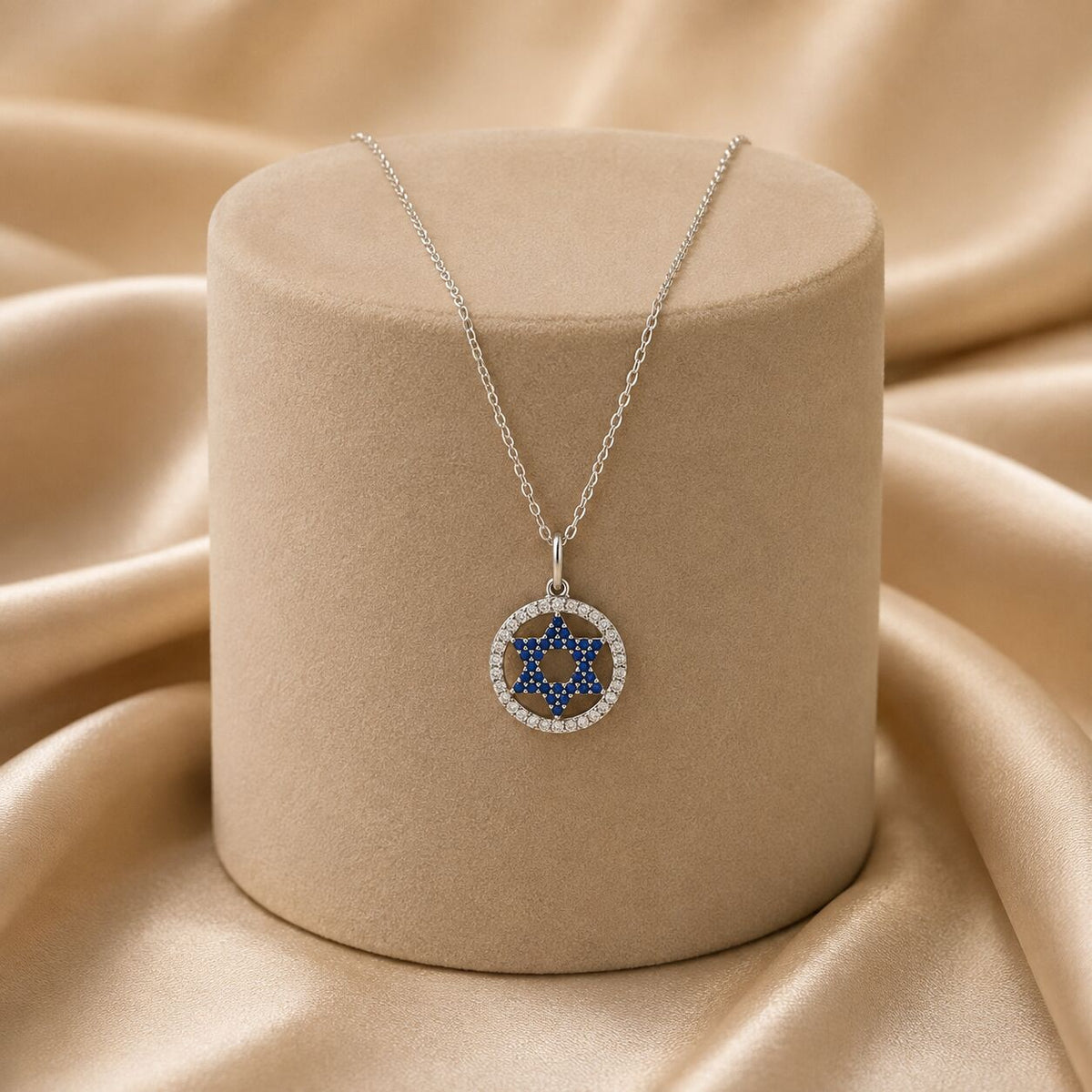 Blue CZ Halo Star of David Necklace in Sterling Silver 925, wear your identity seen from across the room