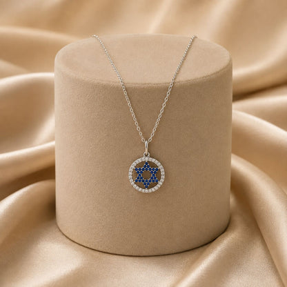Blue CZ Halo Star of David Necklace in Sterling Silver 925, wear your identity seen from across the room
