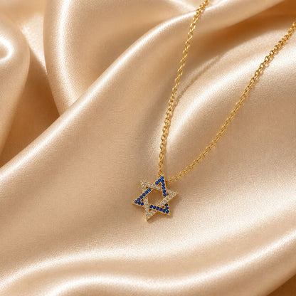Gold-plated silver necklace featuring the Star of David, embellished with blue and white cubic zirconia, symbolizing Israeli pride.