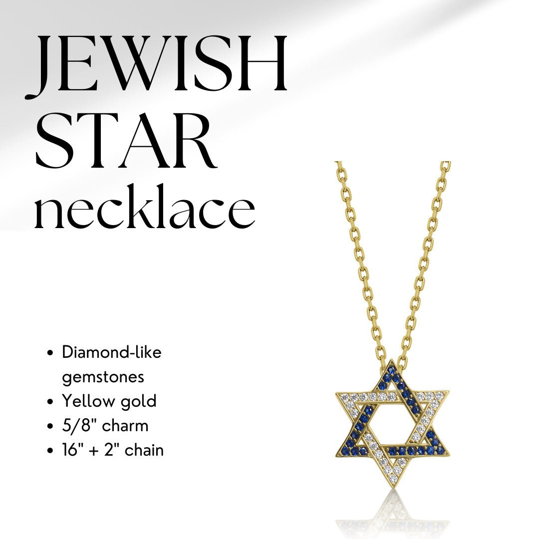 Blue CZ Jewish Star of David Necklace in 14k Gold Plated Sterling Silver 925, Israeli Flag Colors You Can Wear Every Day