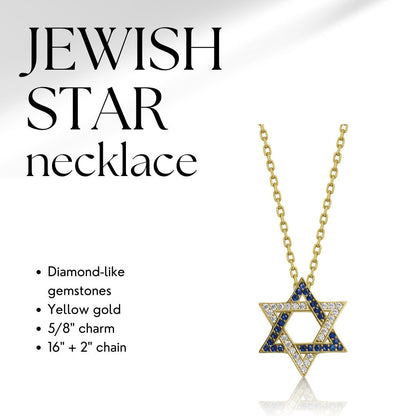 Blue CZ Jewish Star of David Necklace in 14k Gold Plated Sterling Silver 925, Israeli Flag Colors You Can Wear Every Day