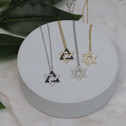 Blue CZ Jewish Star of David Necklace in 14k Gold Plated Sterling Silver 925, Israeli Flag Colors You Can Wear Every Day