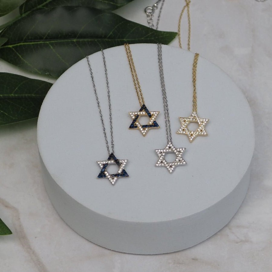 Blue CZ Jewish Star of David Necklace in 14k Gold Plated Sterling Silver 925, Israeli Flag Colors You Can Wear Every Day