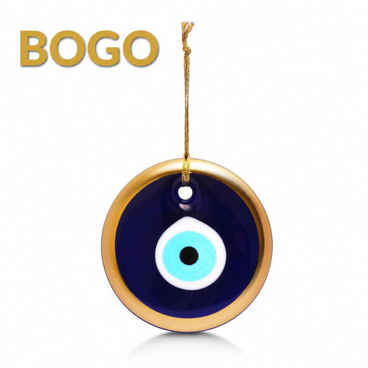 Blue Evil Eye Wall Decor Gold Rim Glass Hanging Judaica