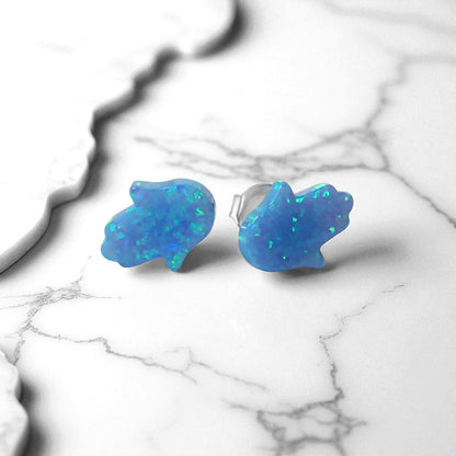 Opal Hamsa Earrings in Silver