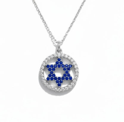 Blue Star of David CZ Halo Necklace in Silver and Gold