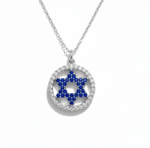 Blue Star of David CZ Halo Necklace in Silver and Gold