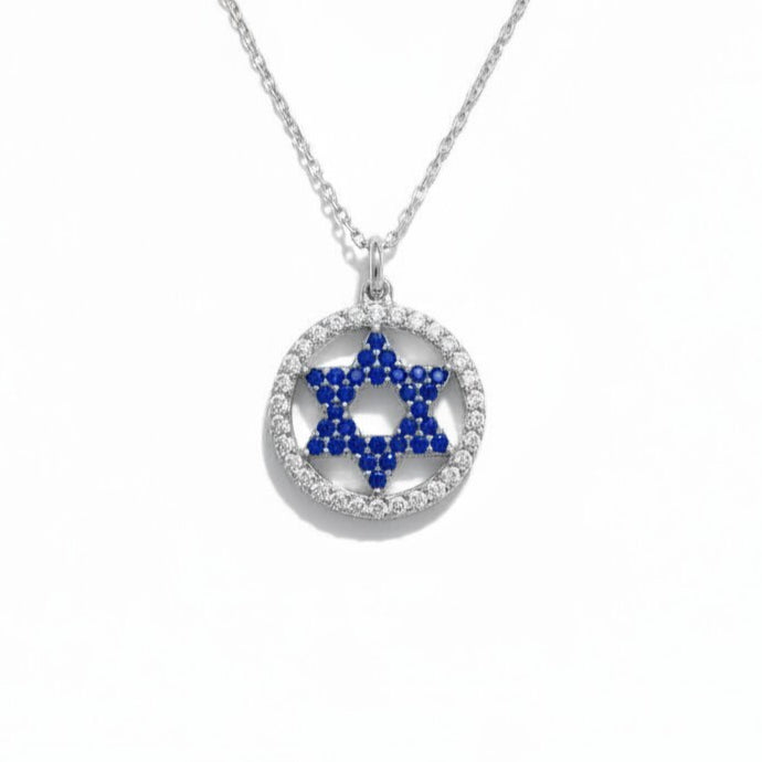 Blue Sapphire Star of David Necklace: Silver CZ Halo Pendant