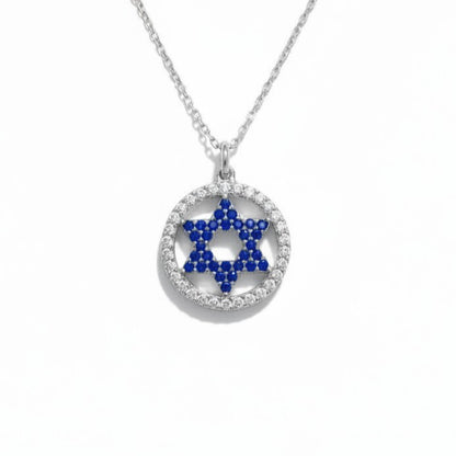 Blue Sapphire Star of David Necklace: Silver CZ Halo Pendant