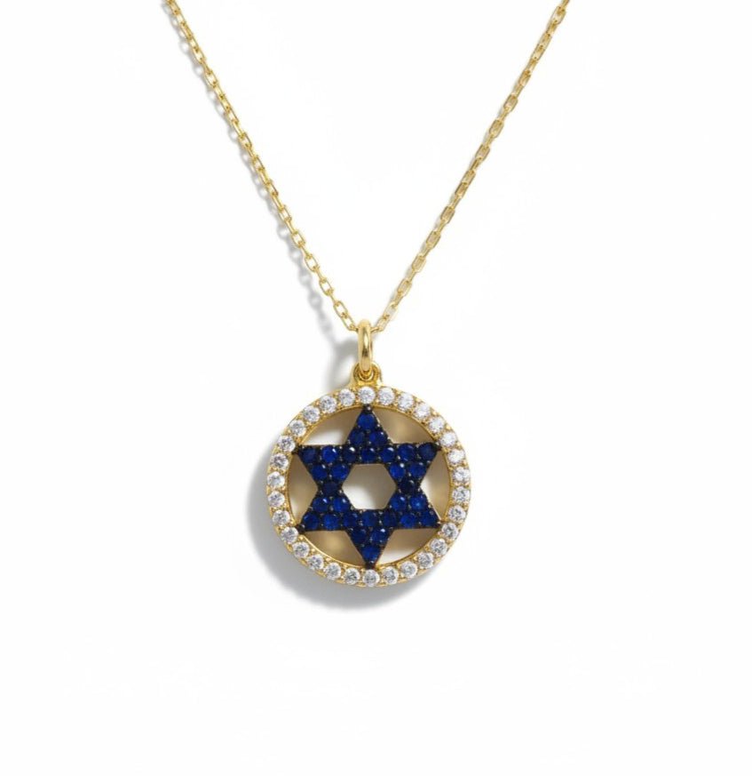 Blue Sapphire Star of David Necklace: Silver CZ Halo Pendant