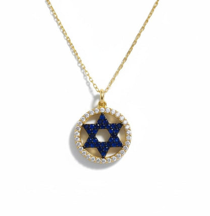 Blue Sapphire Star of David Necklace: Silver CZ Halo Pendant