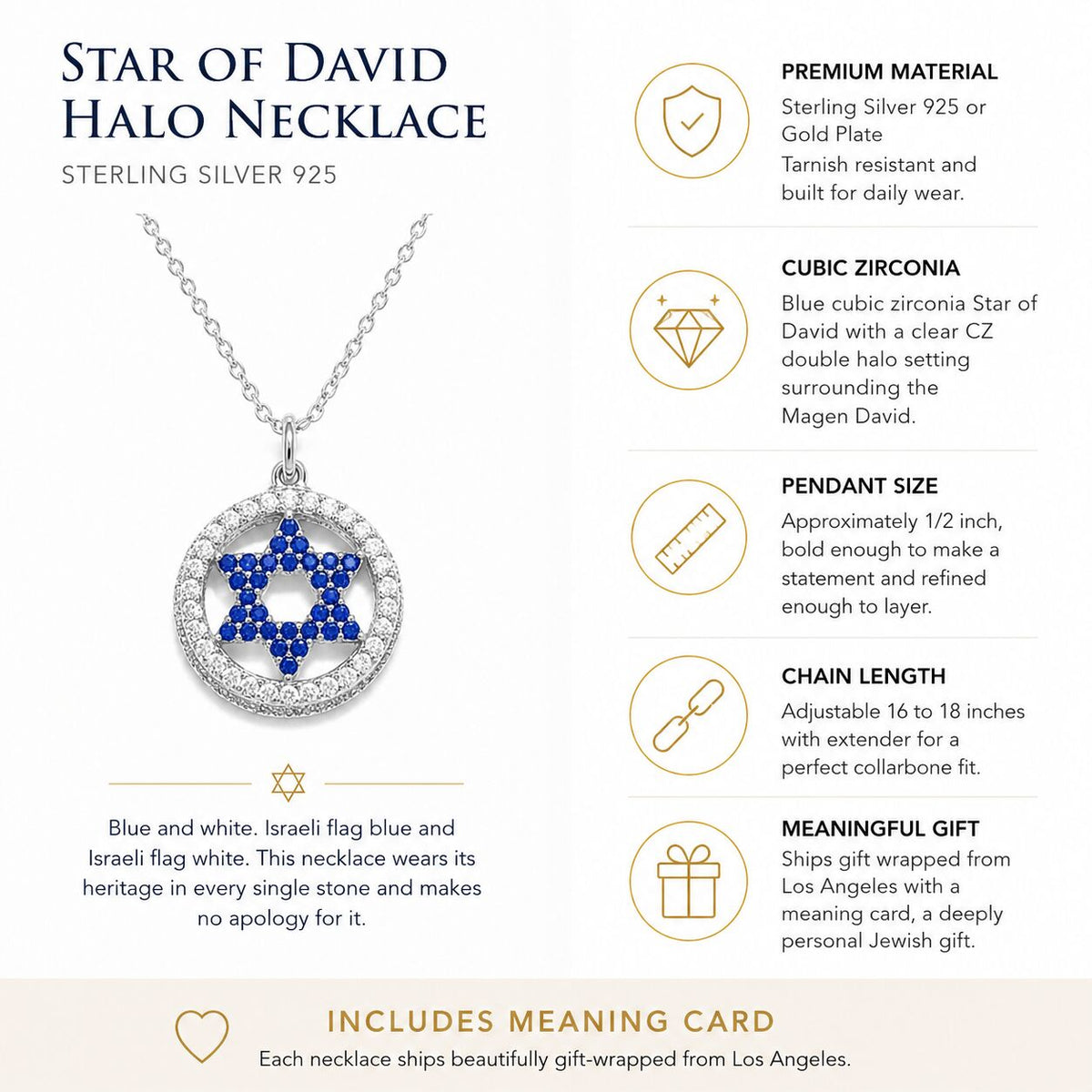 Two-tone Star of David CZ necklace with sapphire blue center stone and diamond-cut halo in silver and gold by Alef Bet
