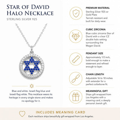Two-tone Star of David CZ necklace with sapphire blue center stone and diamond-cut halo in silver and gold by Alef Bet