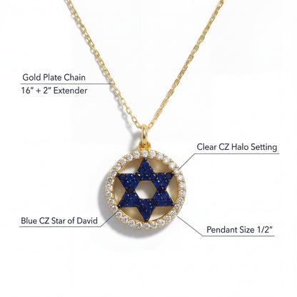 Two-tone Star of David CZ necklace with sapphire blue center stone and diamond-cut halo in silver and gold by Alef Bet