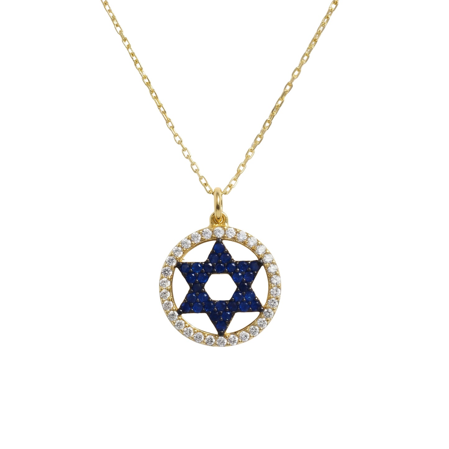 Star of David necklace in yellow gold with blue cubic zirconia halo pendant by Alef Bet