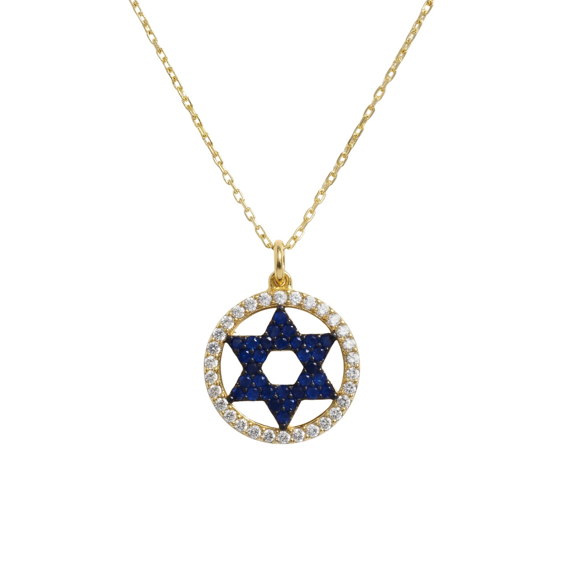 Star of David necklace in yellow gold with blue cubic zirconia halo pendant by Alef Bet