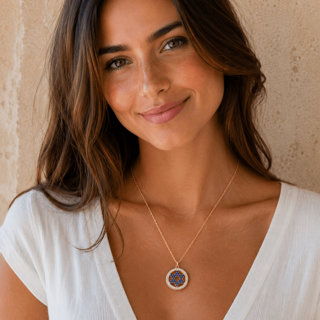Blue Star of David CZ Halo Necklace in Silver and Gold