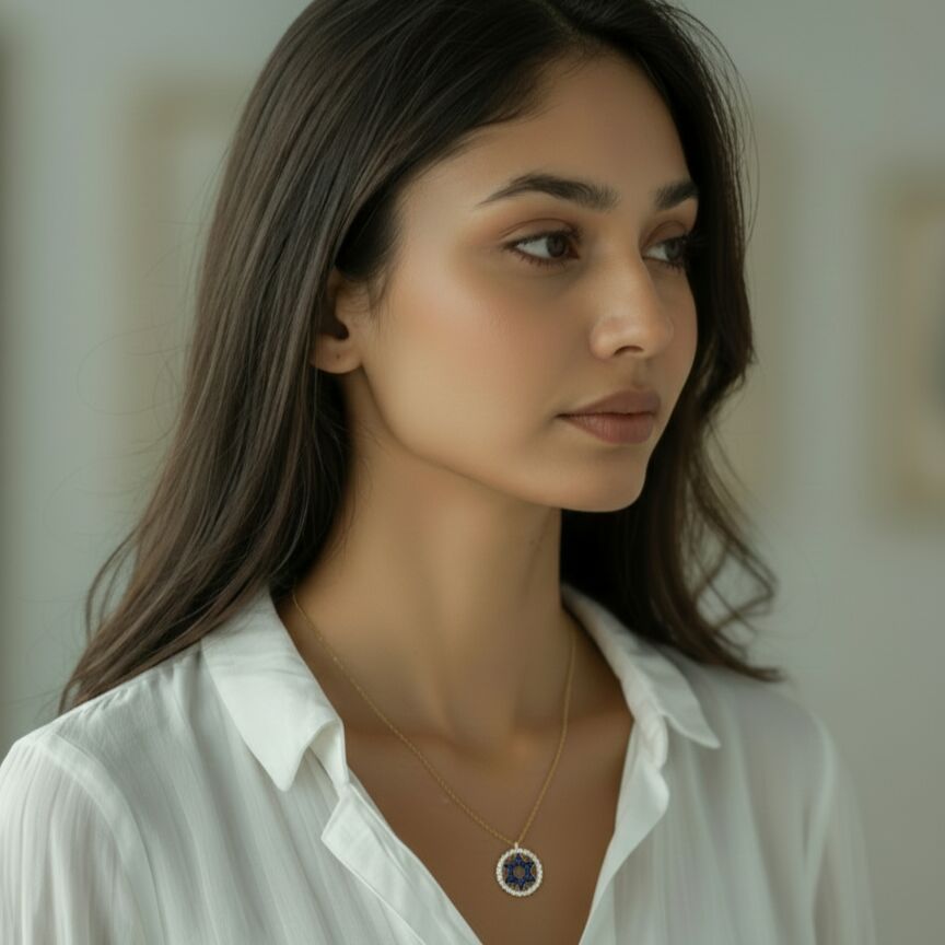 Blue Star of David CZ Halo Necklace in Silver and Gold