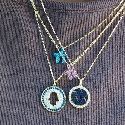 Blue Star of David CZ Halo Necklace in Silver and Gold