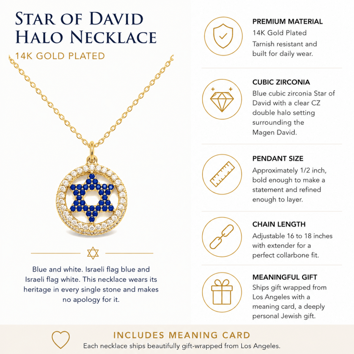 Blue Star of David CZ Halo Necklace in Silver and Gold