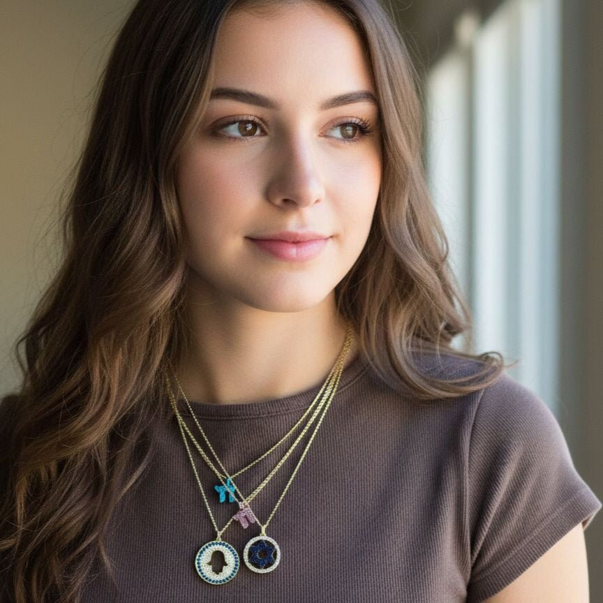Blue Star of David CZ Halo Necklace in Silver and Gold