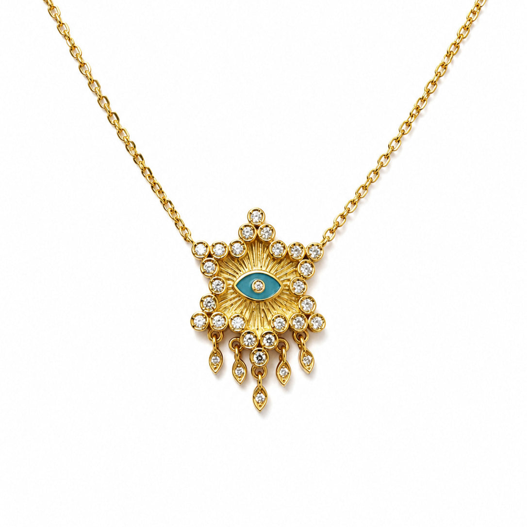 Celestial Evil Eye Necklace Gold CZ Turquoise Enamel | Alef Bet