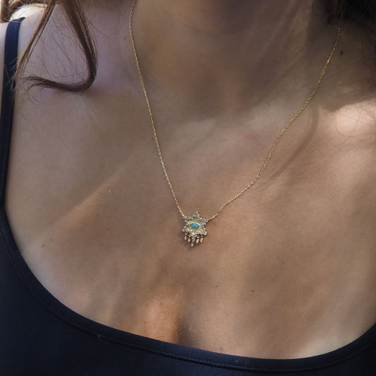 Celestial Evil Eye Necklace Gold CZ Turquoise Enamel | Alef Bet