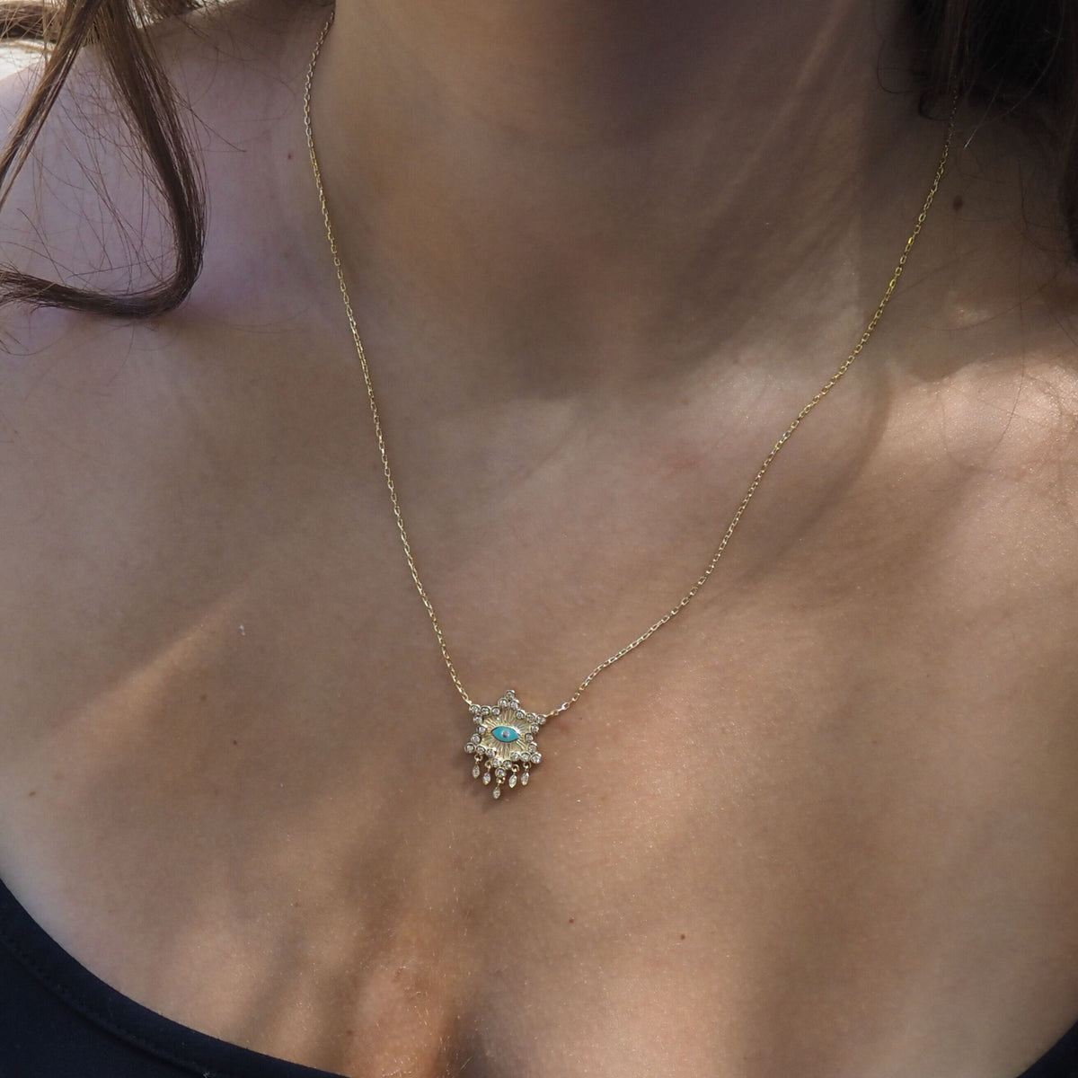 Celestial Evil Eye Necklace Gold CZ Turquoise Enamel | Alef Bet