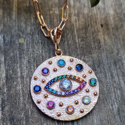 Celestial Evil Eye Pendant With Colorful Accents on a Chain