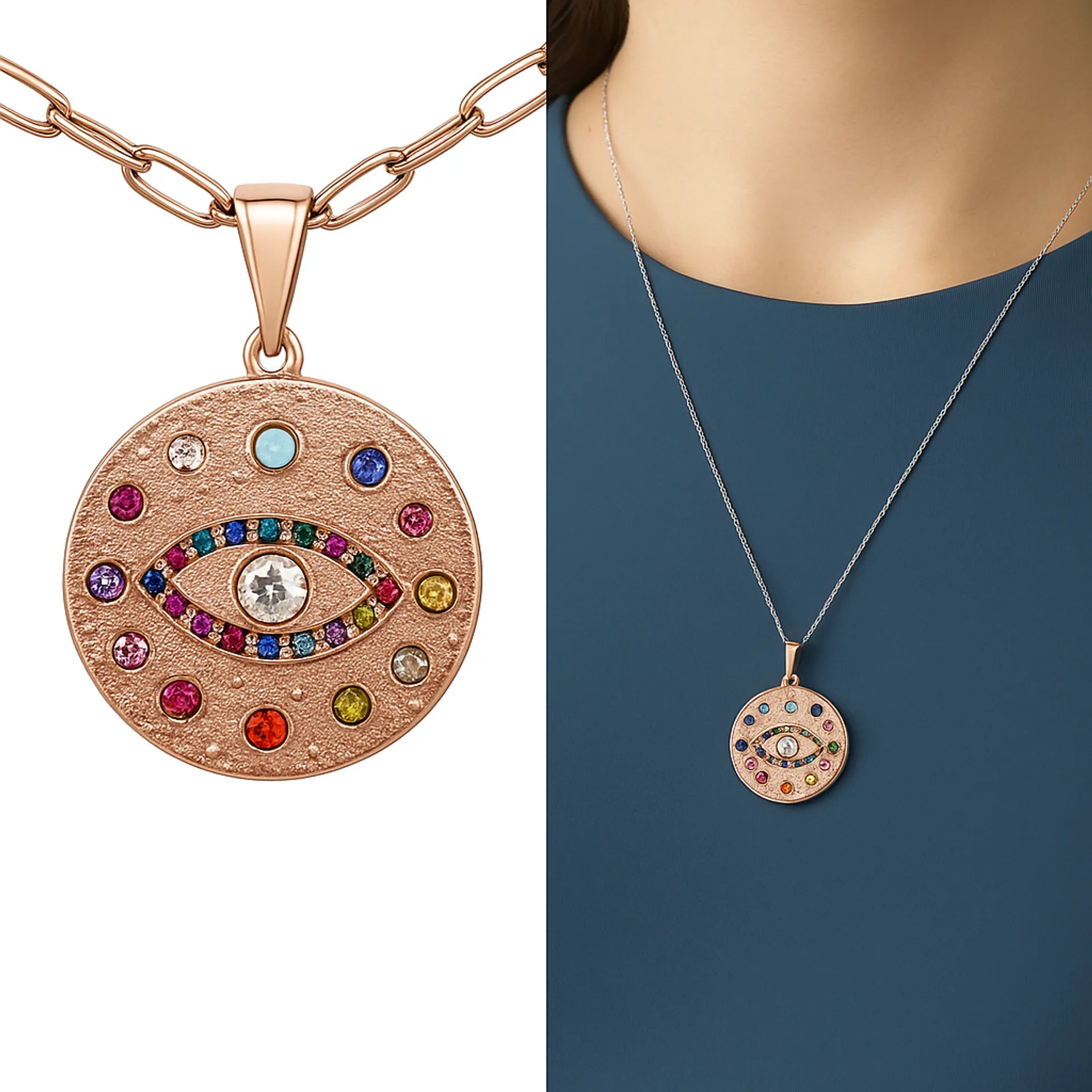 Celestial Evil Eye Pendant With Colorful Accents on a Chain