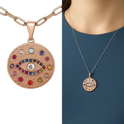 Celestial Evil Eye Pendant With Colorful Accents on a Chain