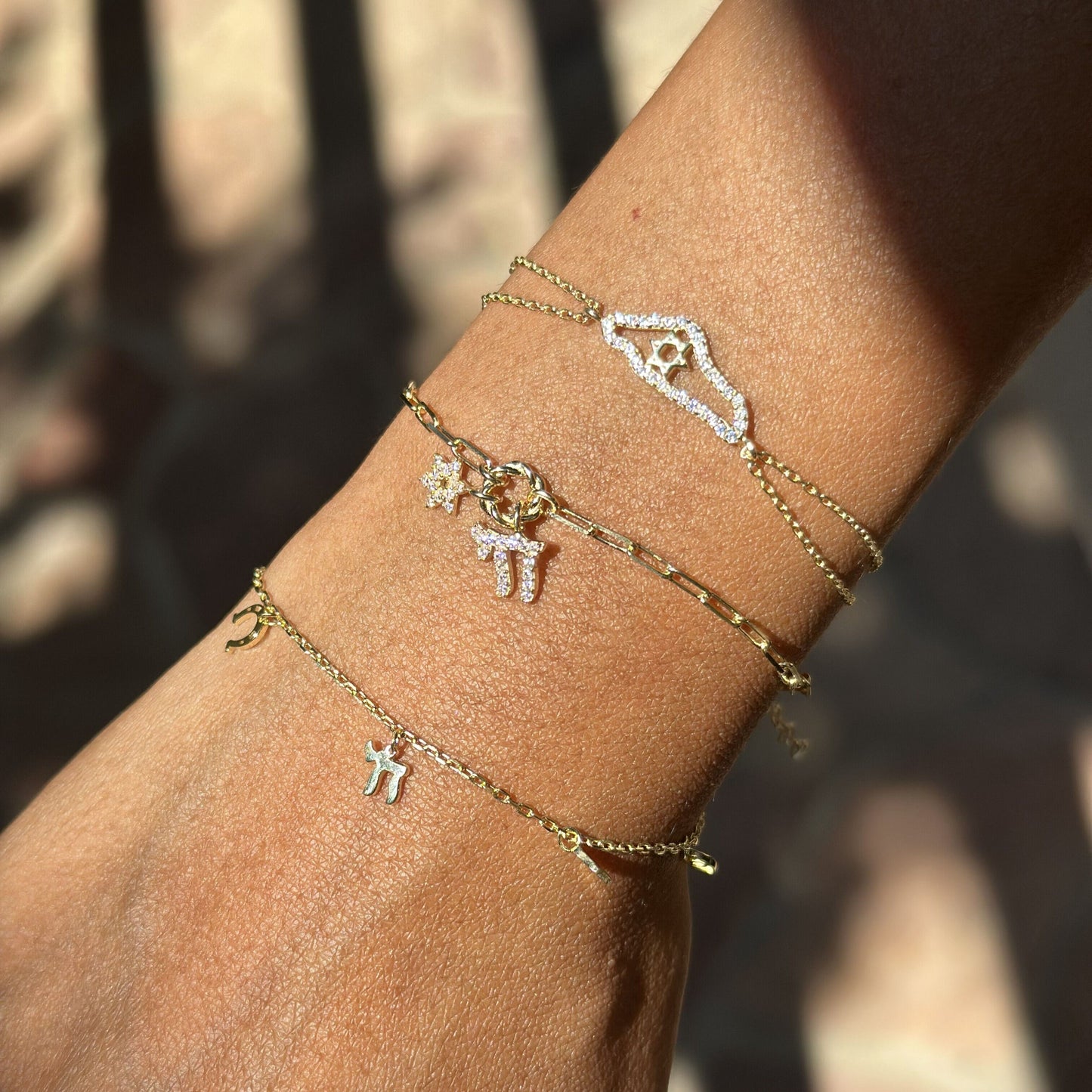 Chai & Jewish Star Cluster Bracelet: Yellow Gold Plated or Sterling Silver with Sparkling CZ Gems