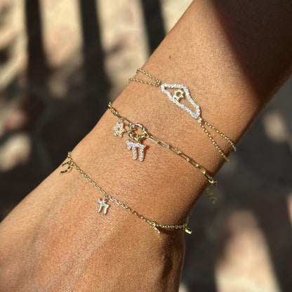 Chai & Jewish Star Cluster Bracelet: Yellow Gold Plated or Sterling Silver with Sparkling CZ Gems