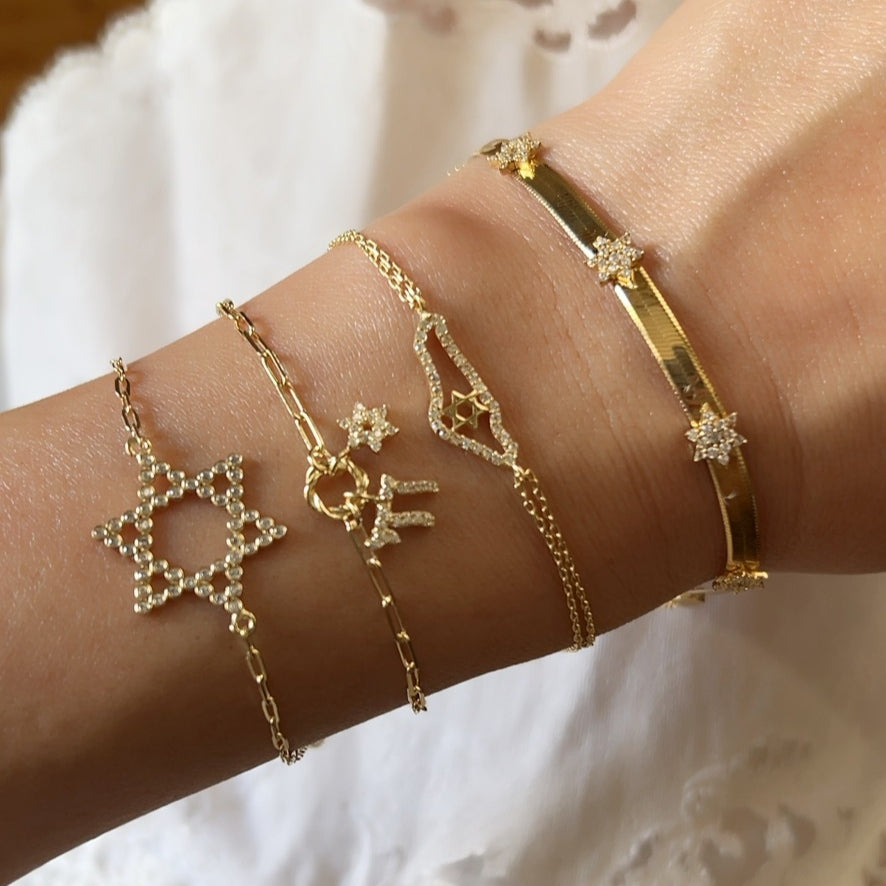 Chai & Jewish Star Cluster Bracelet: Yellow Gold Plated or Sterling Silver with Sparkling CZ Gems