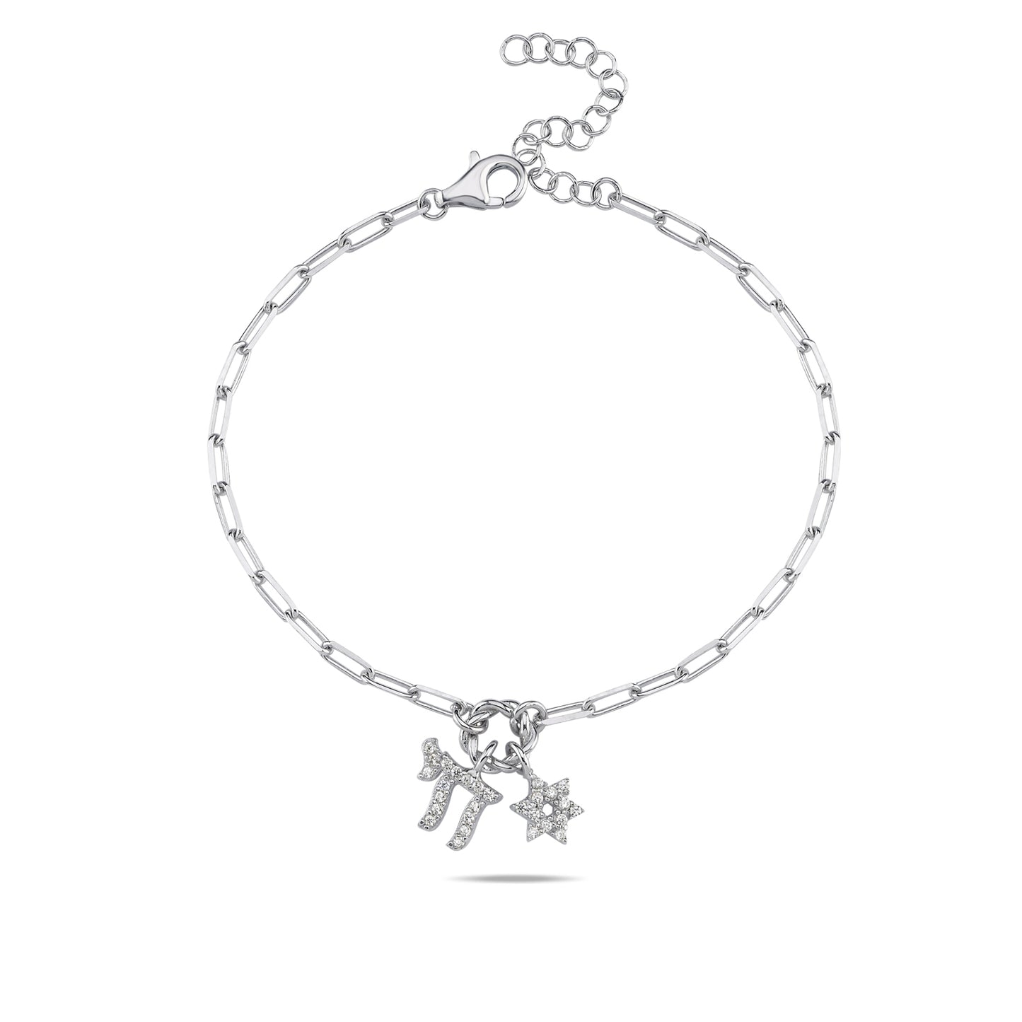 Chai & Jewish Star Cluster Bracelet: Yellow Gold Plated or Sterling Silver with Sparkling CZ Gems