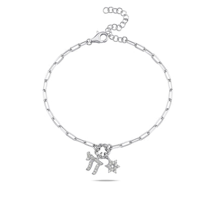 Chai & Jewish Star Cluster Bracelet: Yellow Gold Plated or Sterling Silver with Sparkling CZ Gems