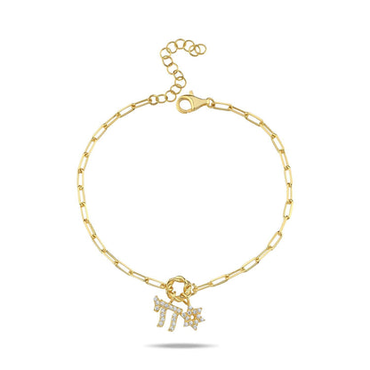 Chai & Jewish Star Cluster Bracelet: Yellow Gold Plated or Sterling Silver with Sparkling CZ Gems