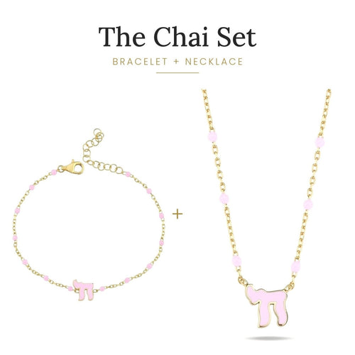 Chai Beaded Bracelet and Necklace Set in 14k Gold Plated Sterling Silver 925, matching color from wrist to neckline