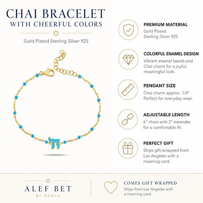 Chai Jewish Bracelet in 14k Gold Plated Sterling Silver 925 with Cheerful Multicolor Enamel, Wear Your Joy Every Day