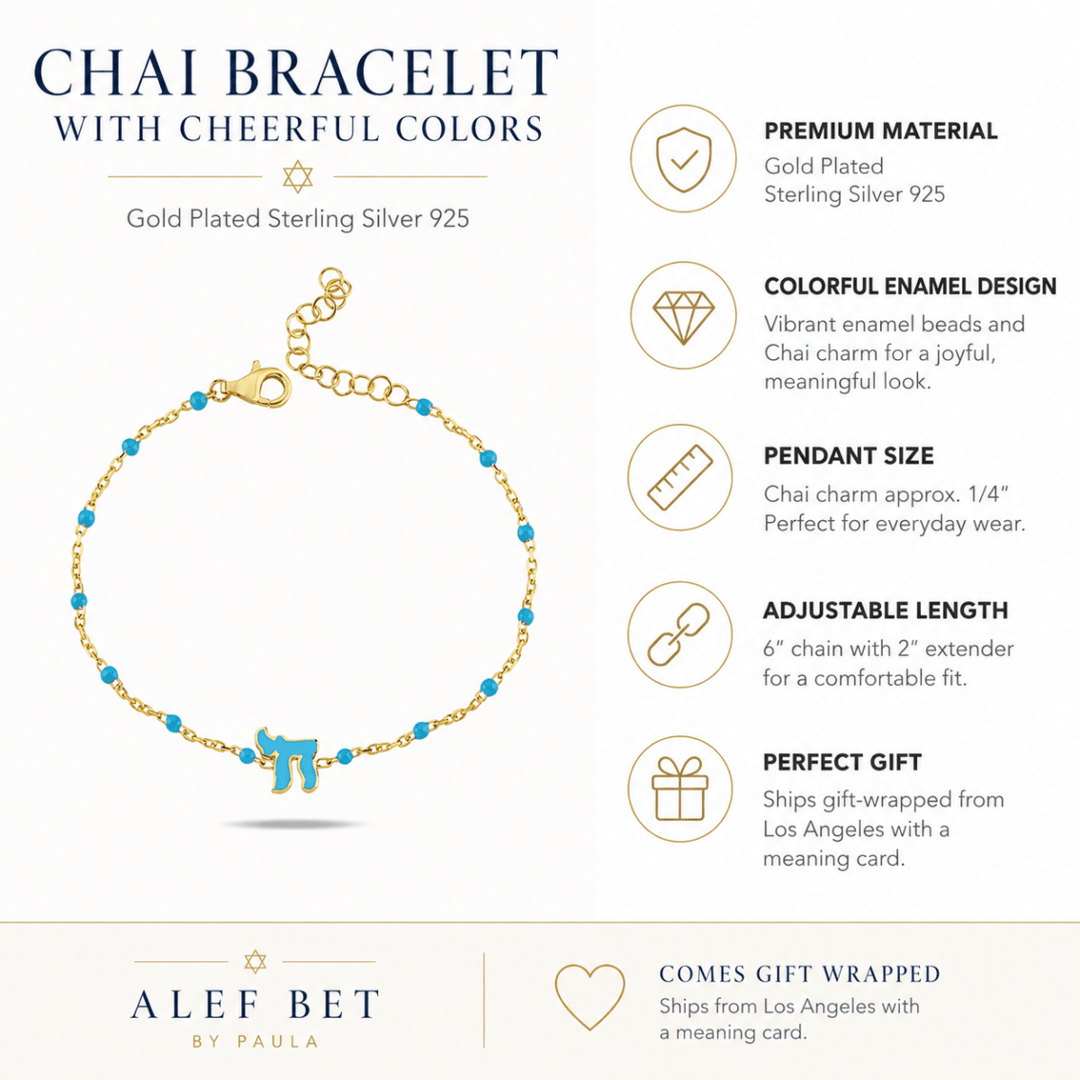 Chai Bracelet with Cheerful Colors | Gold Plated Sterling Silver 925