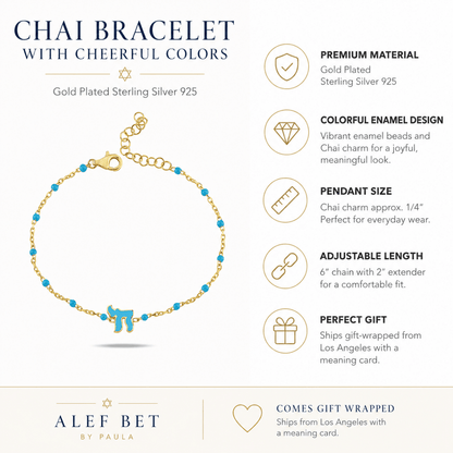Chai Bracelet with Cheerful Colors | Gold Plated Sterling Silver 925
