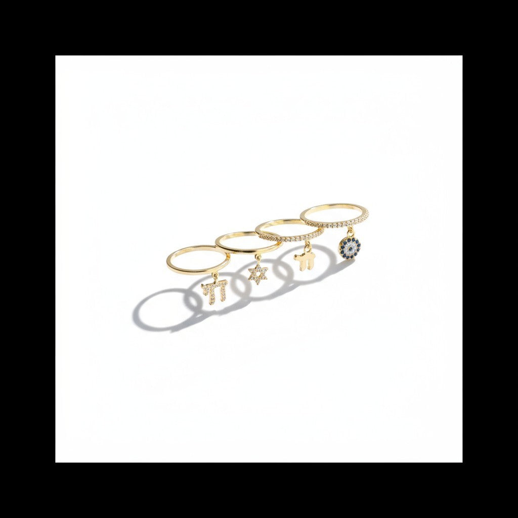 Chai Dangle Pave Ring: Gold Eternity Band for Life & Luck