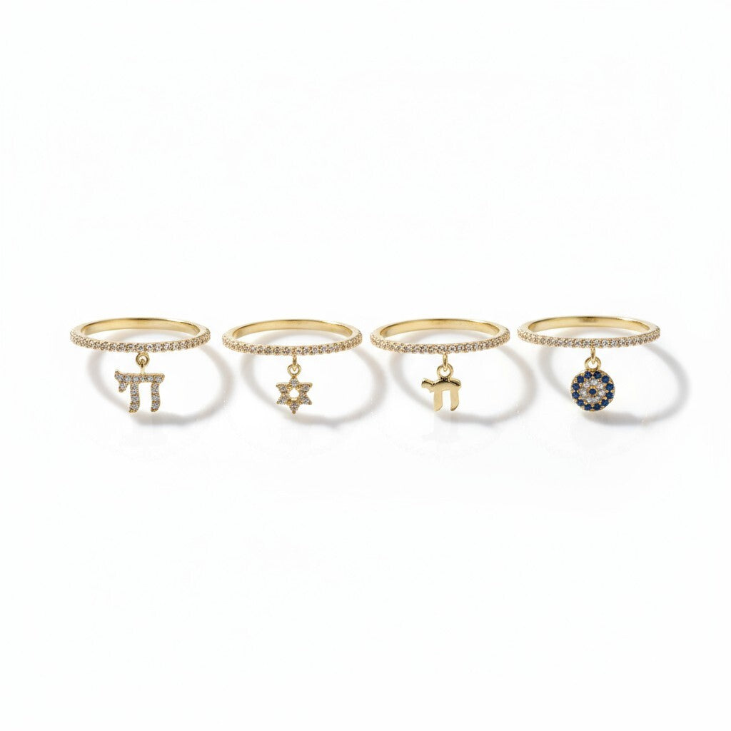 Chai Dangle Pave Ring: Gold Eternity Band for Life & Luck