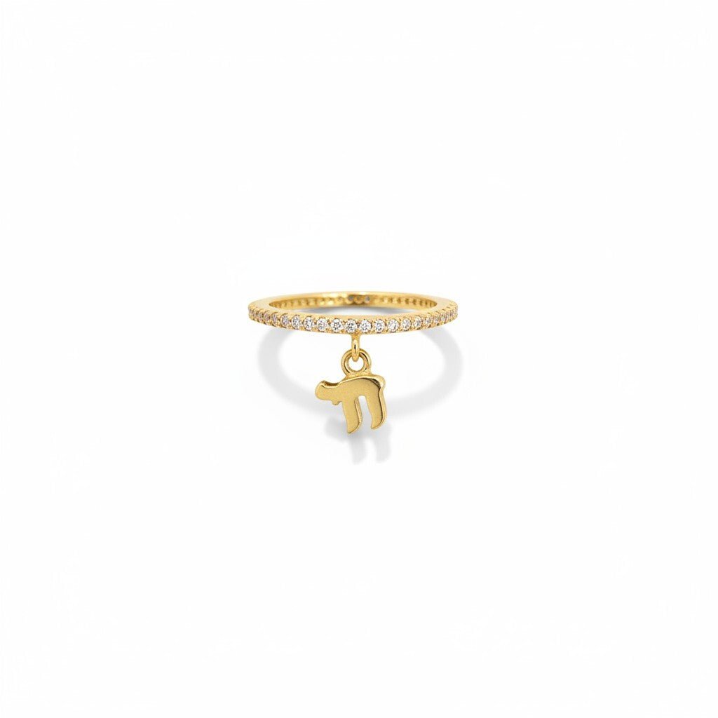 Chai Dangle Ring with Pave CZ Eternity Band in Yellow Gold