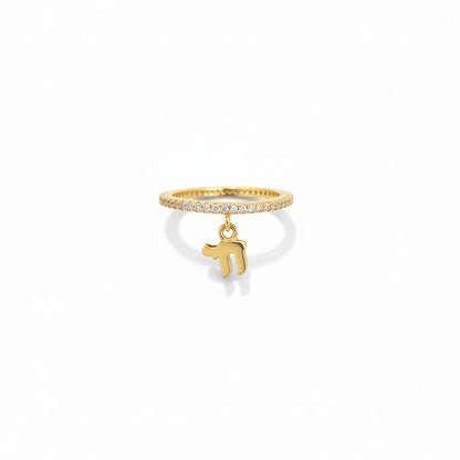 Chai Dangle Ring with Pave CZ Eternity Band in Yellow Gold