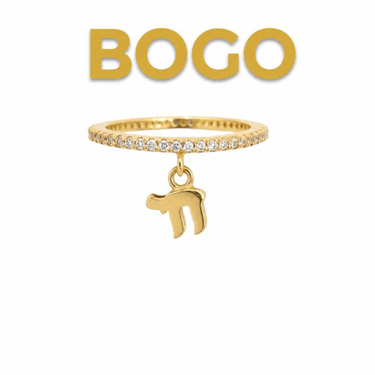 Chai Dangle Ring with Pave CZ Eternity Band in Yellow Gold