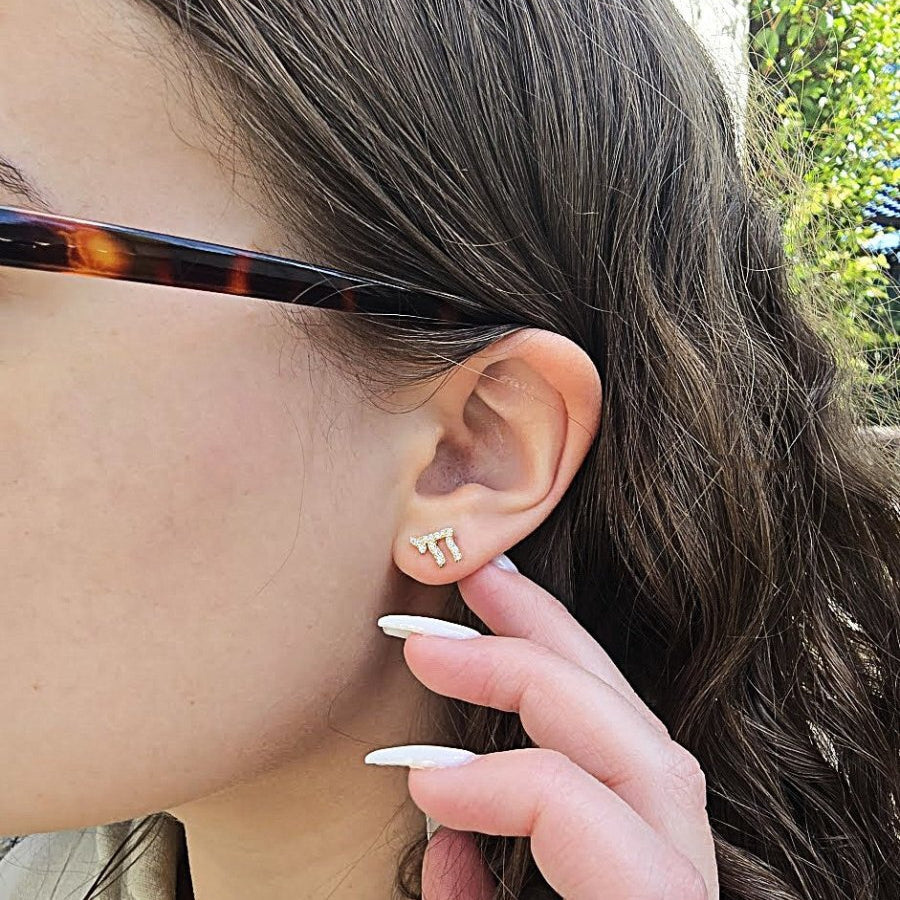 Chai earrings in 14k yellow gold featuring pave-set cubic zirconia by Alef Bet