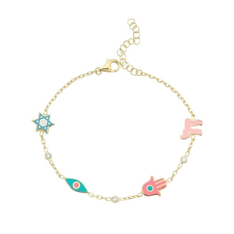 Chai Hamsa Evil Eye Star of David Charm Bracelet in Sterling Silver 925 and 14k Gold Plated Sterling Silver 925, every symbol you believe in on one wrist