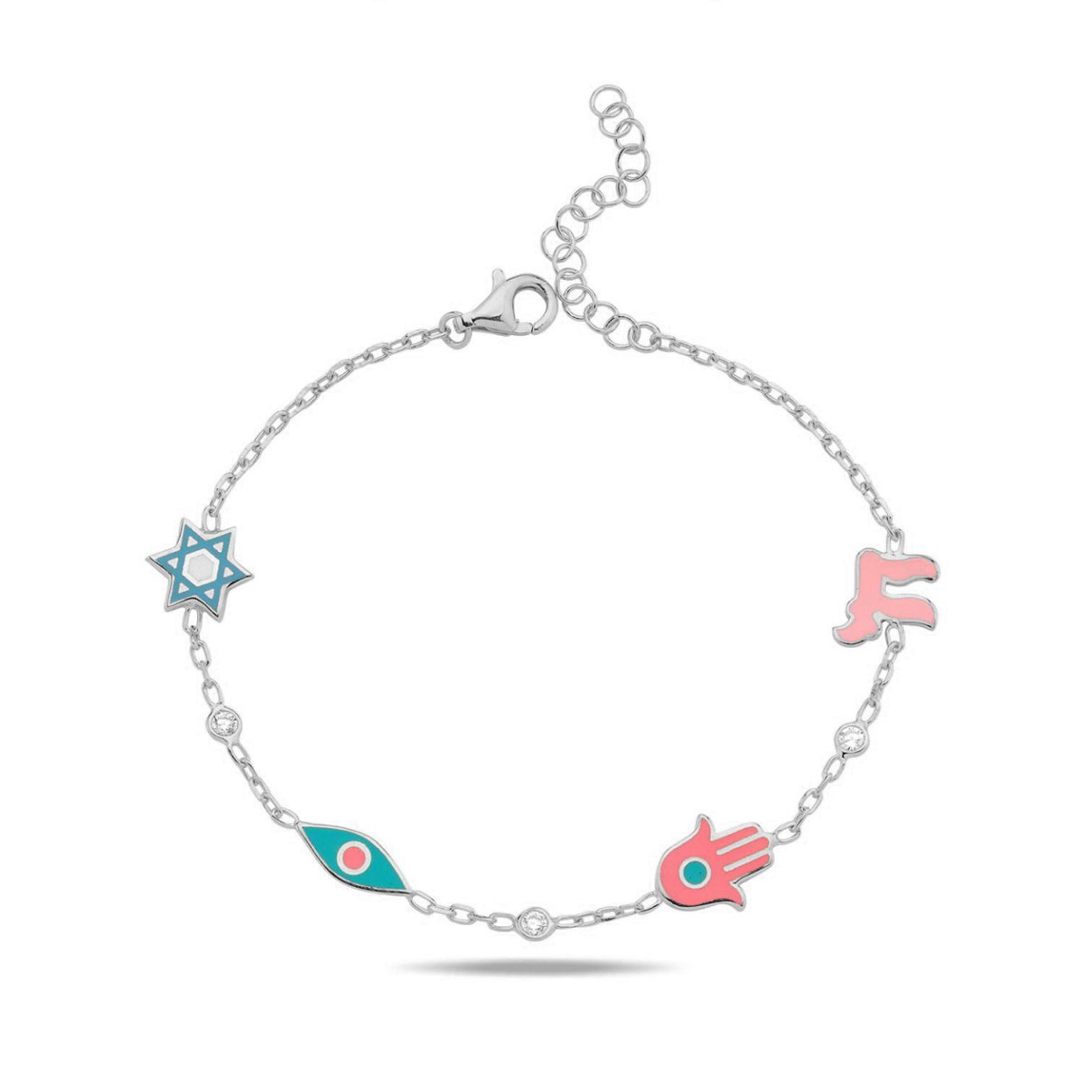 Chai Hamsa Evil Eye Star of David Charm Bracelet in Sterling Silver 925 and 14k Gold Plated Sterling Silver 925, every symbol you believe in on one wrist