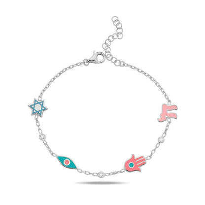 Chai Hamsa Evil Eye Star of David Charm Bracelet in Sterling Silver 925 and 14k Gold Plated Sterling Silver 925, every symbol you believe in on one wrist